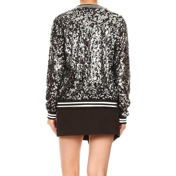 Brand New Women Black White Stripe Polyester Anna-Kaci Sequin Long Sleeve - Picture 2 of 6